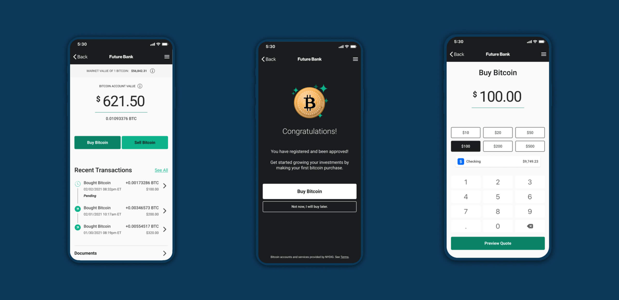 Three crypto currency application page examples in mobile device frames.