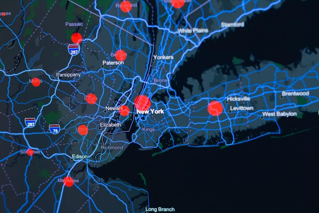 Map of New York metropolitan area with red dots