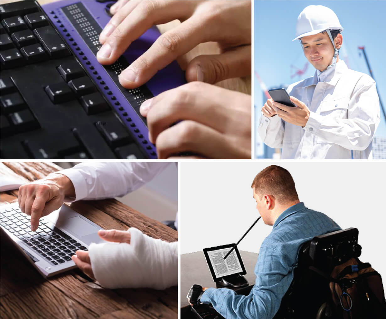braille keyboard user, engineer using a smart phone in bright sunlight, user with broken left hand using keyboard with right index finger, user interacting with a device by a mouth stylus